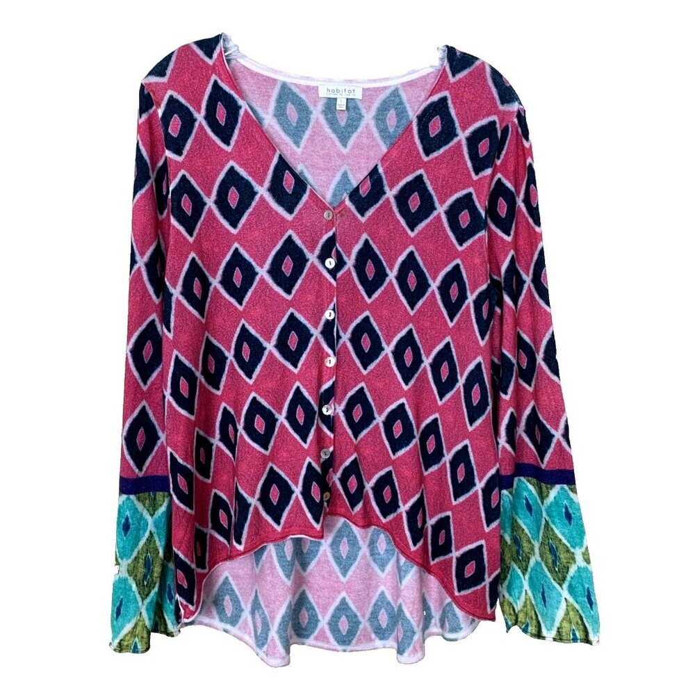 Habitat‎ Clothes To Live In Womens L Cardigan Sweater Pink Boho Peacock Artsy